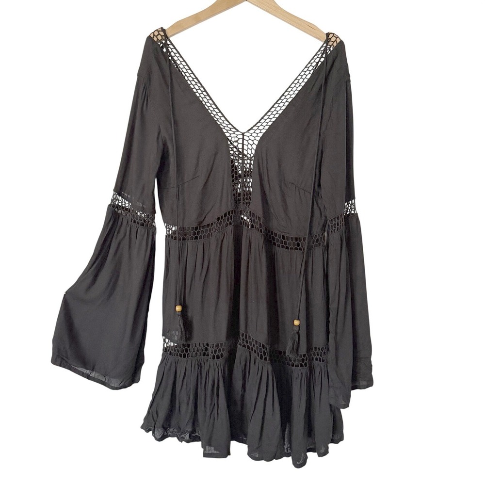 Forever 21 Salt Canyon Women's Medium Black Mini Dress Boho Crochet Festival NWT - Picture 2 of 9